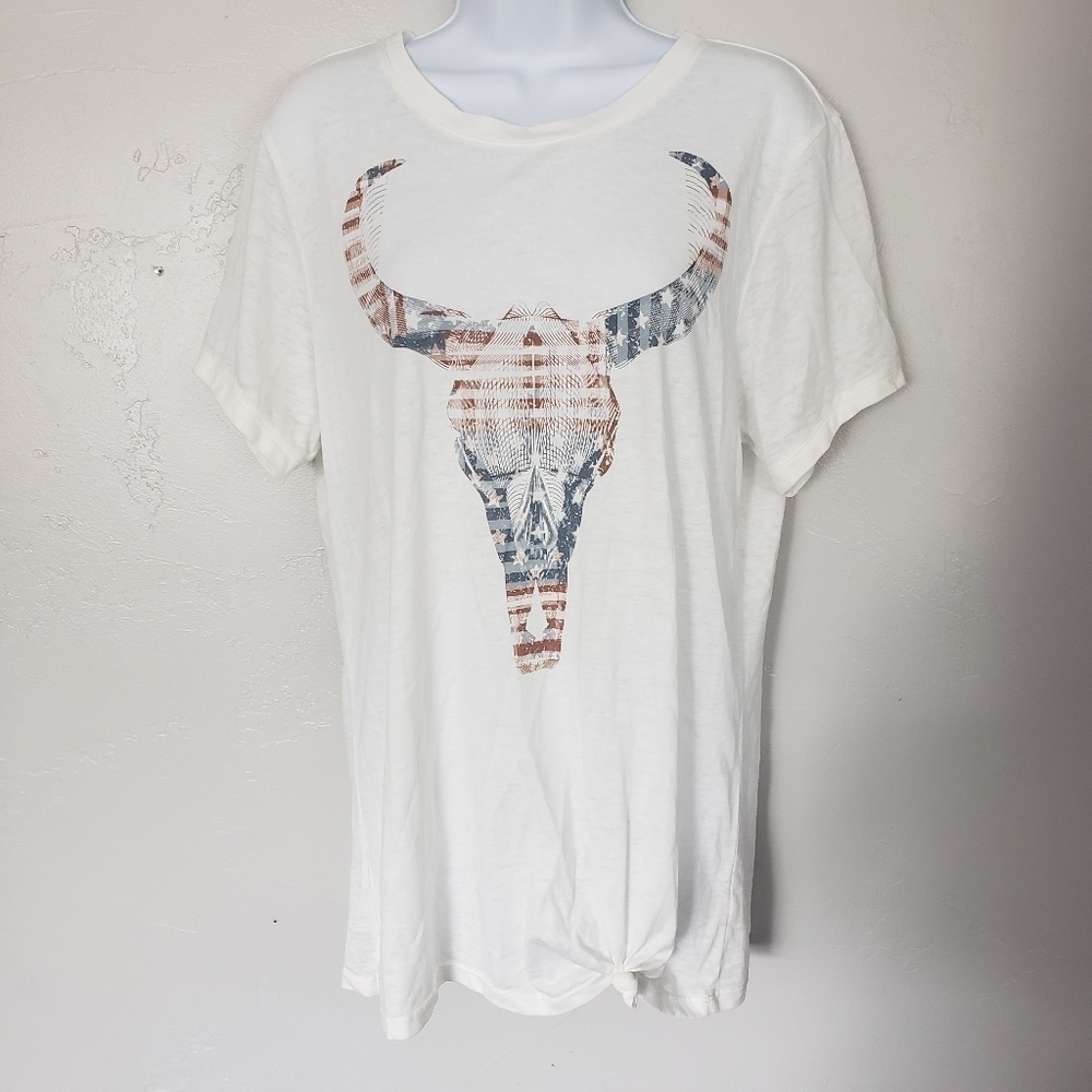 Modish Rebel White T-shirt USA Flag Bull Skull Women's XL Boho Patriotic